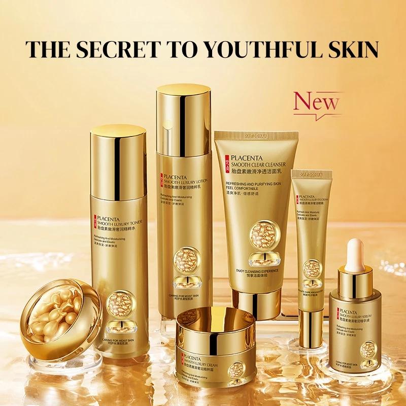 Placenta Soins de la peau Ensemble de sept pièces, riche en placenta Essence, produits de beauté pou