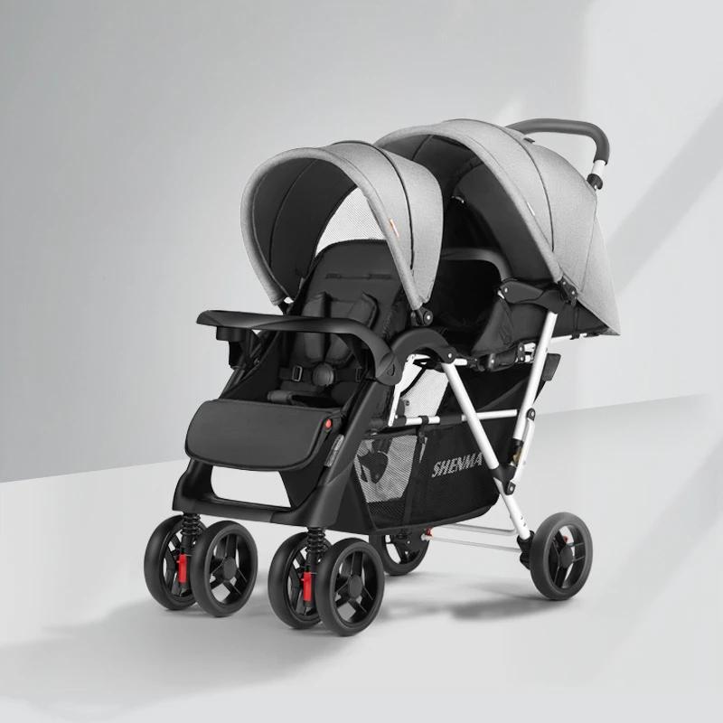 Poussette double légère pour bébé, peut s'asseoir ou s'allonger, siège avant et arrière pliable