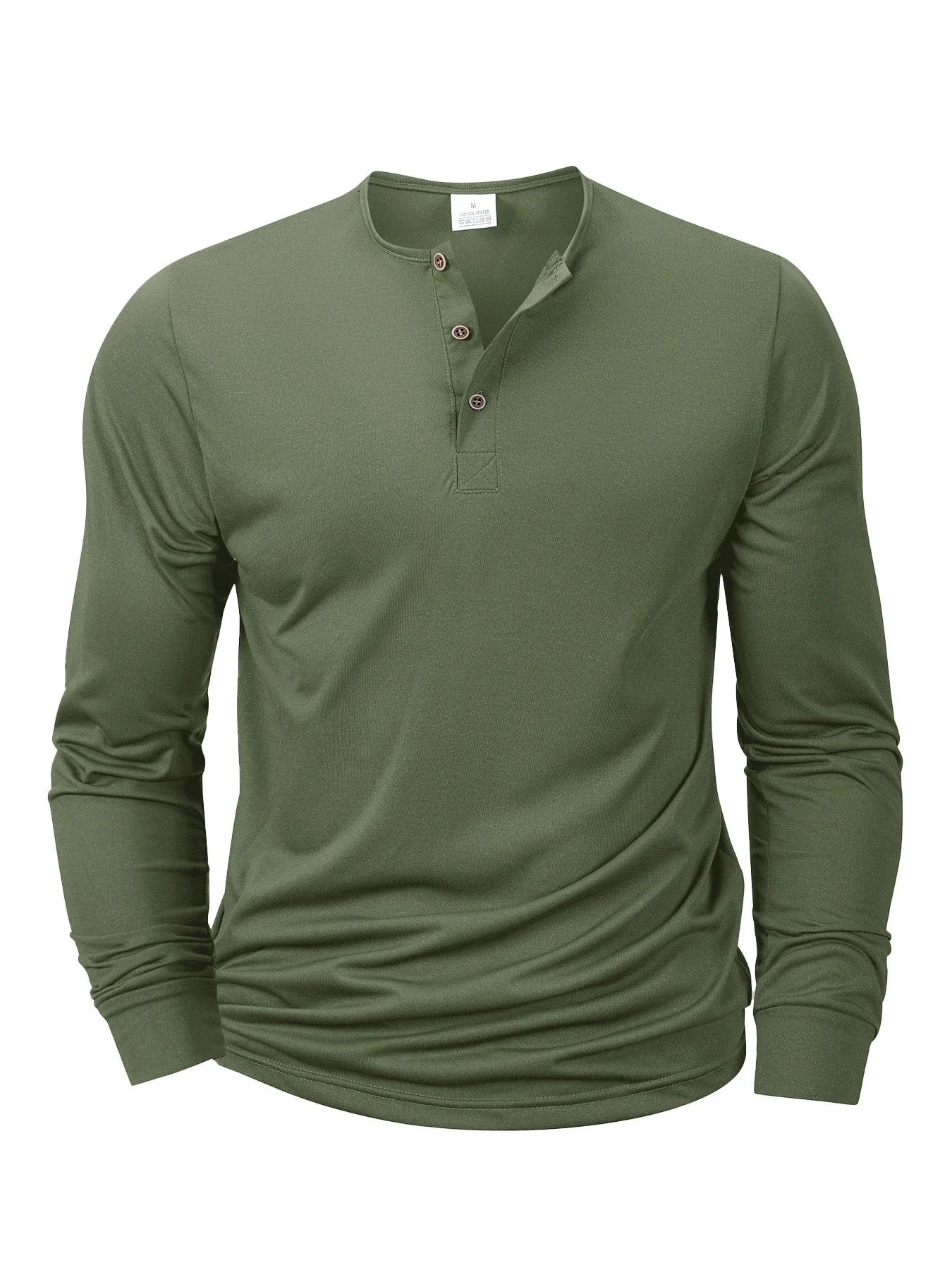 T-shirt à manches longues pour hommes, col Henley, coupe cintrée, chemise à bascule, hauts de Fitnes