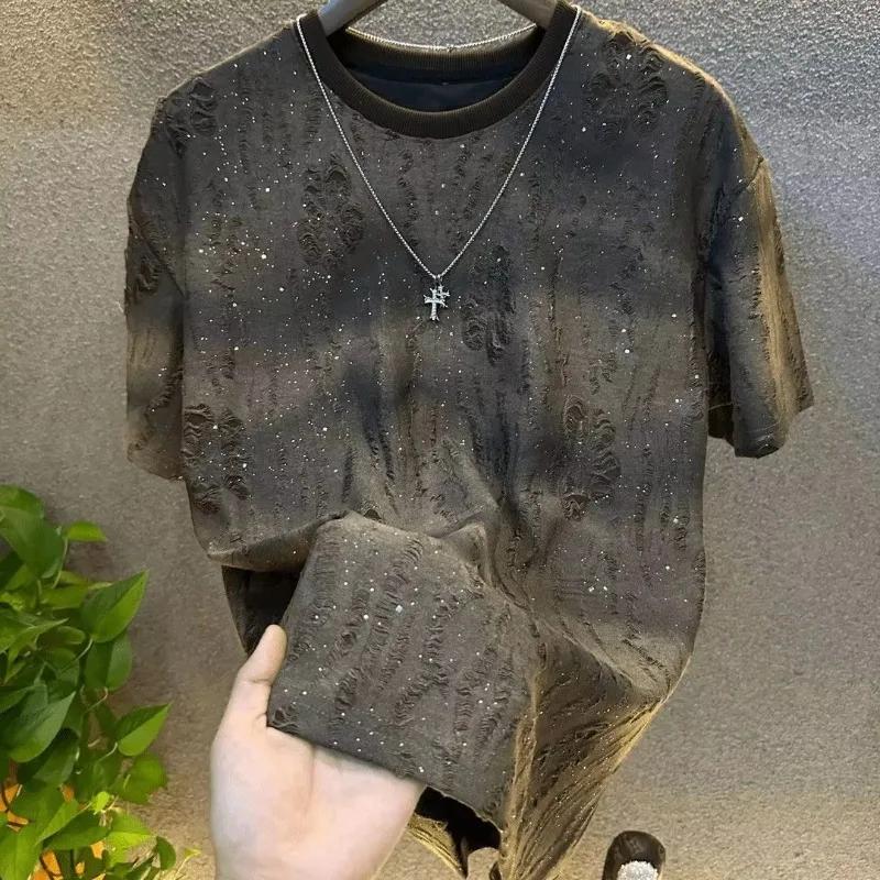 Été larme hommes vêtements été strass Rivet T-shirt col rond T-shirt style décontracté Version corée