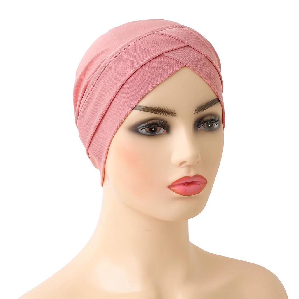 H117 front croisé musulman Turban couleur Pure extensible intérieur Hijabs pour casquettes prêt à po