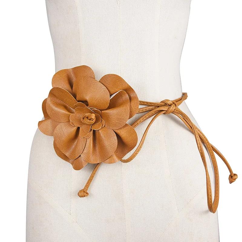 Ceinture de taille bohème en cuir PU – Grande ceinture enveloppante à cravate florale avec nœud pour