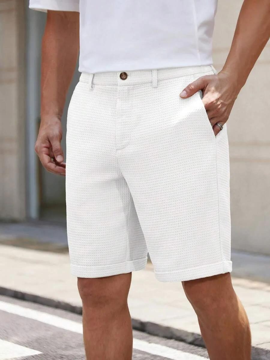 Shorts pour hommes à texture gaufrée, coupe slim, couleur unie, taille à boutons, décontractés d'été