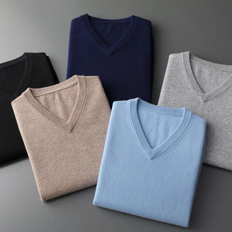 Cachemire coton mélange classique col en v tricoté pull hommes pull 2024 automne hiver doux chaud af