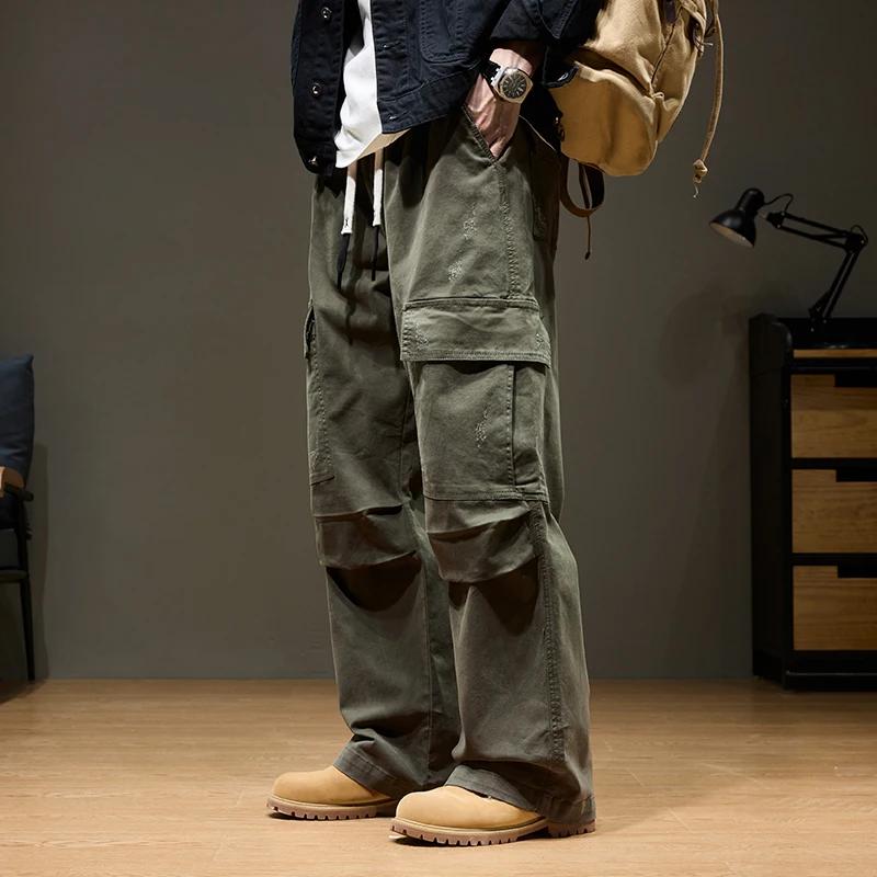 Pantalon Cargo Baggy pour hommes, avec poches, 100% coton, cordon de serrage, taille élastique, jamb