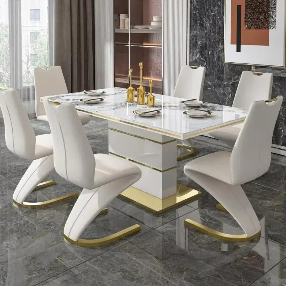 Ensemble de table à manger carrée en marbre, 4 chaises, 6 chaises, meubles de salle à manger dorés d