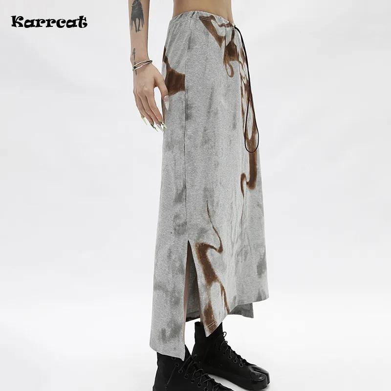 Karrcat-Jupe Mi-Longue Imprimée Grunge Irrégulière, Vintage Japonais, Harajuku, E-girl, Fente Latéra