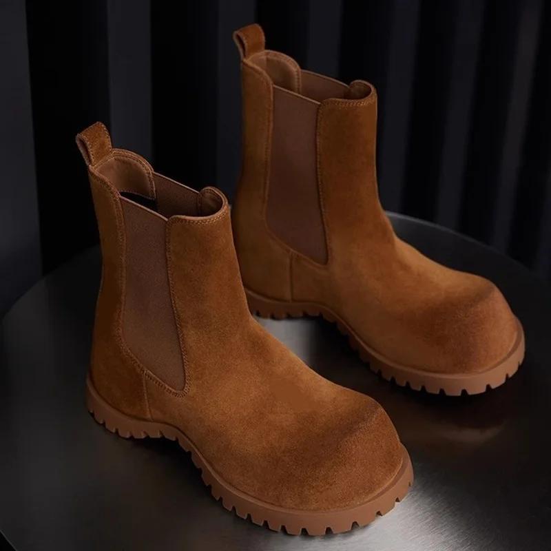 Bottines en daim marron et noir à bout rond large, à enfiler, avec sangle élastique, tendance automn