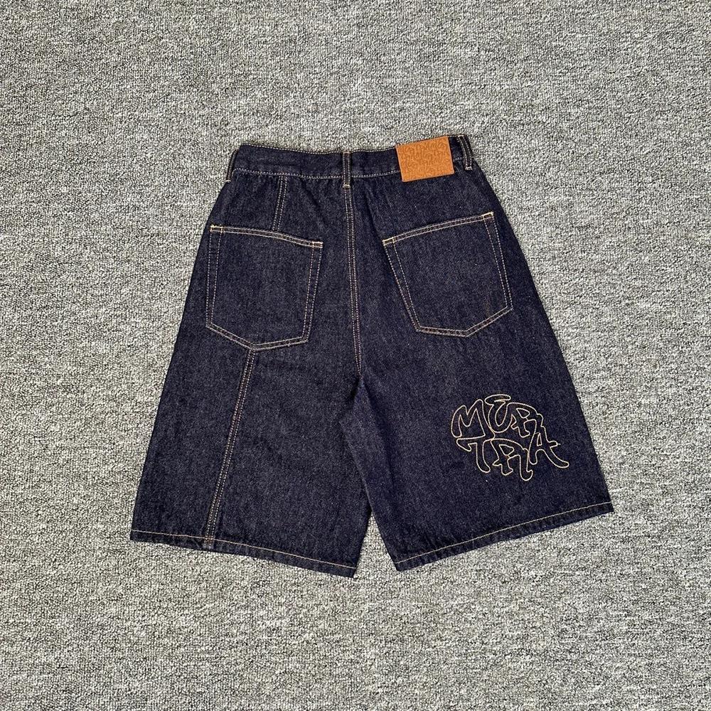 Short en Denim pour hommes, Streetwear, avec lettres brodées, droit, bleu délavé, Baggy, longueur au