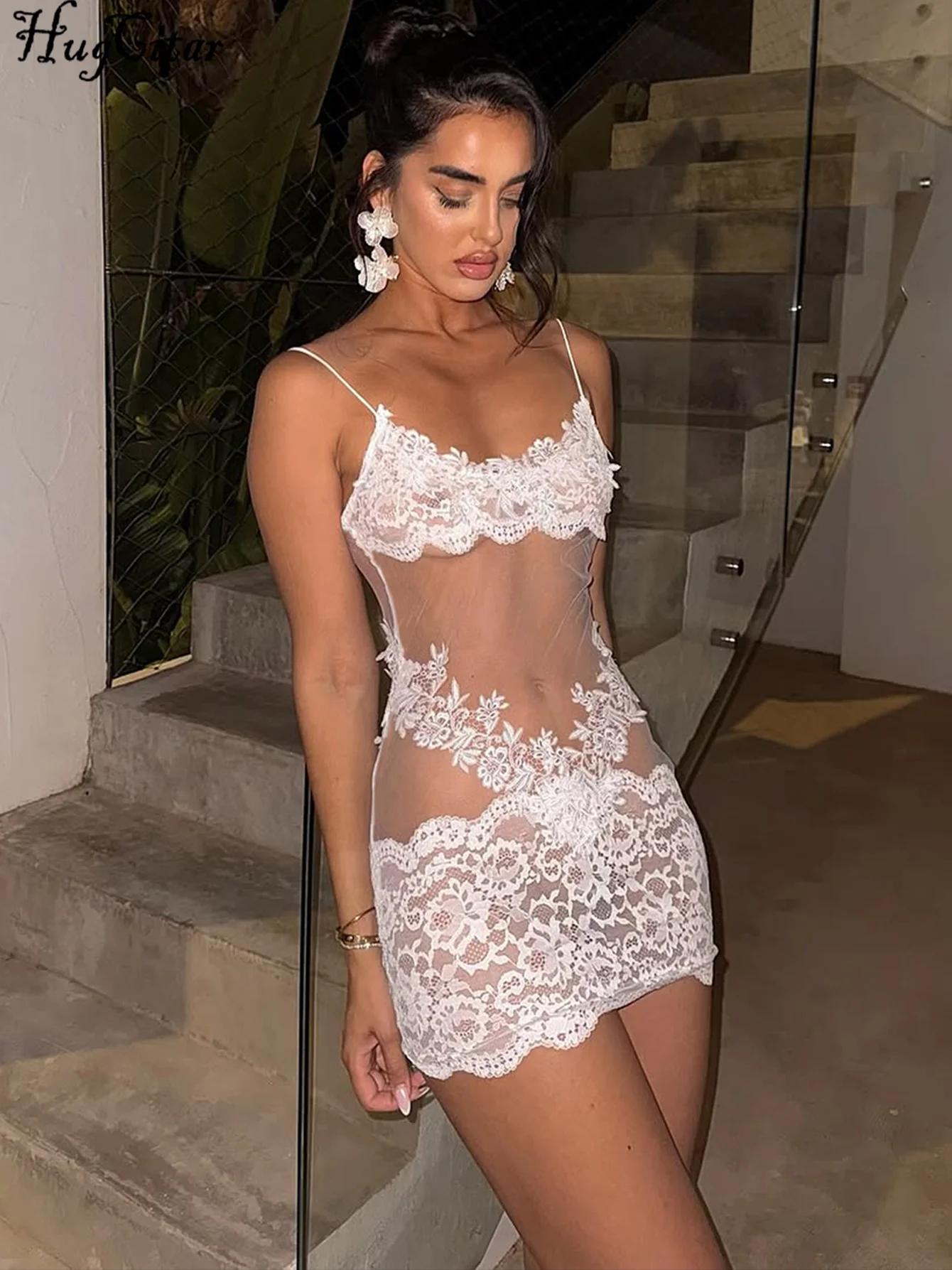 Hugcitar femmes mode dentelle solide glisse Patchwork Sexy mince voir à travers Mini robe été vacanc