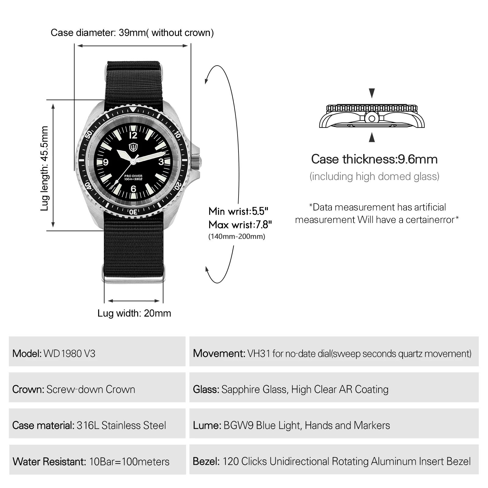 Watchdives WD1980 V3 montre de luxe VH31 balayage secondes mouvement à Quartz AR revêtement verre sa