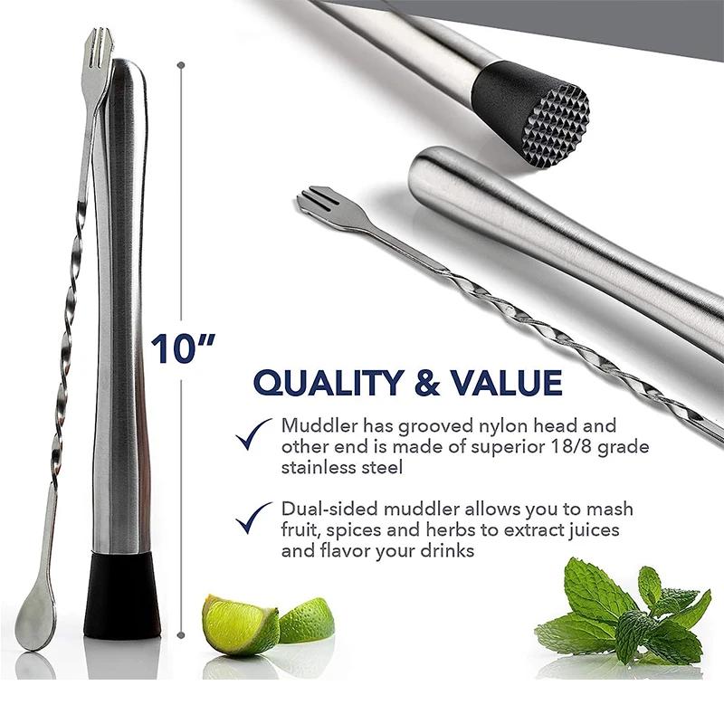 LMETJMA 10 pouces acier inoxydable Cocktail Muddler et cuillère à mélanger professionnel Bar Cocktai