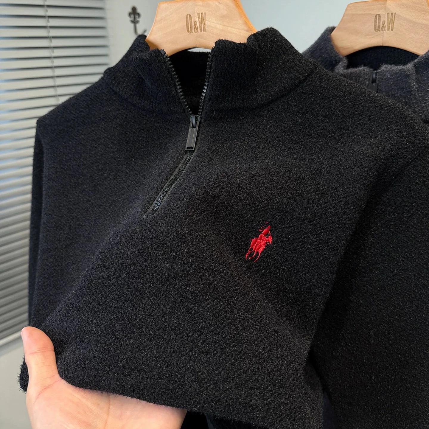 Marque de luxe zip demi col roulé pull hommes haut de gamme mode poney Golf broderie hiver velours é