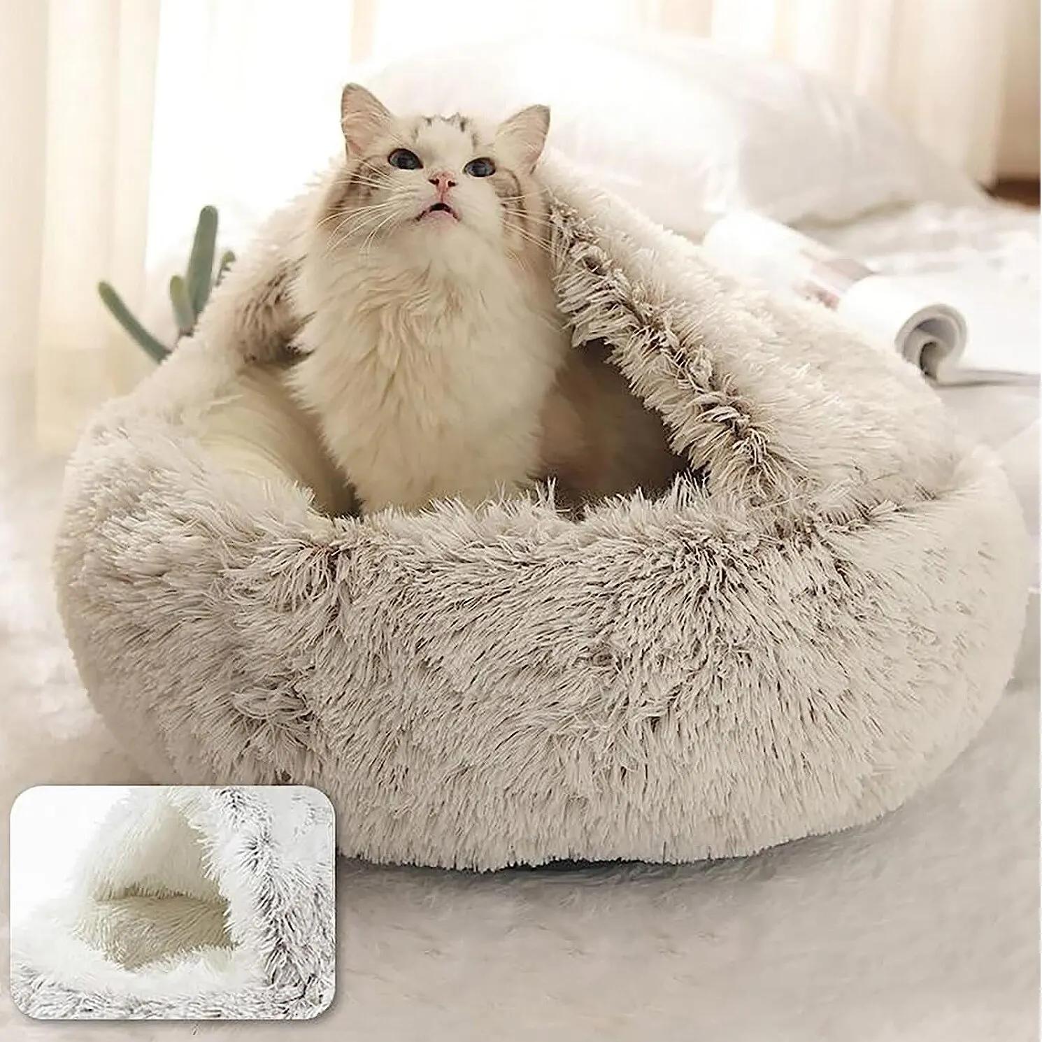 Lit rond en peluche pour chat, matelas pour animaux de compagnie, panier chaud, doux et confortable,