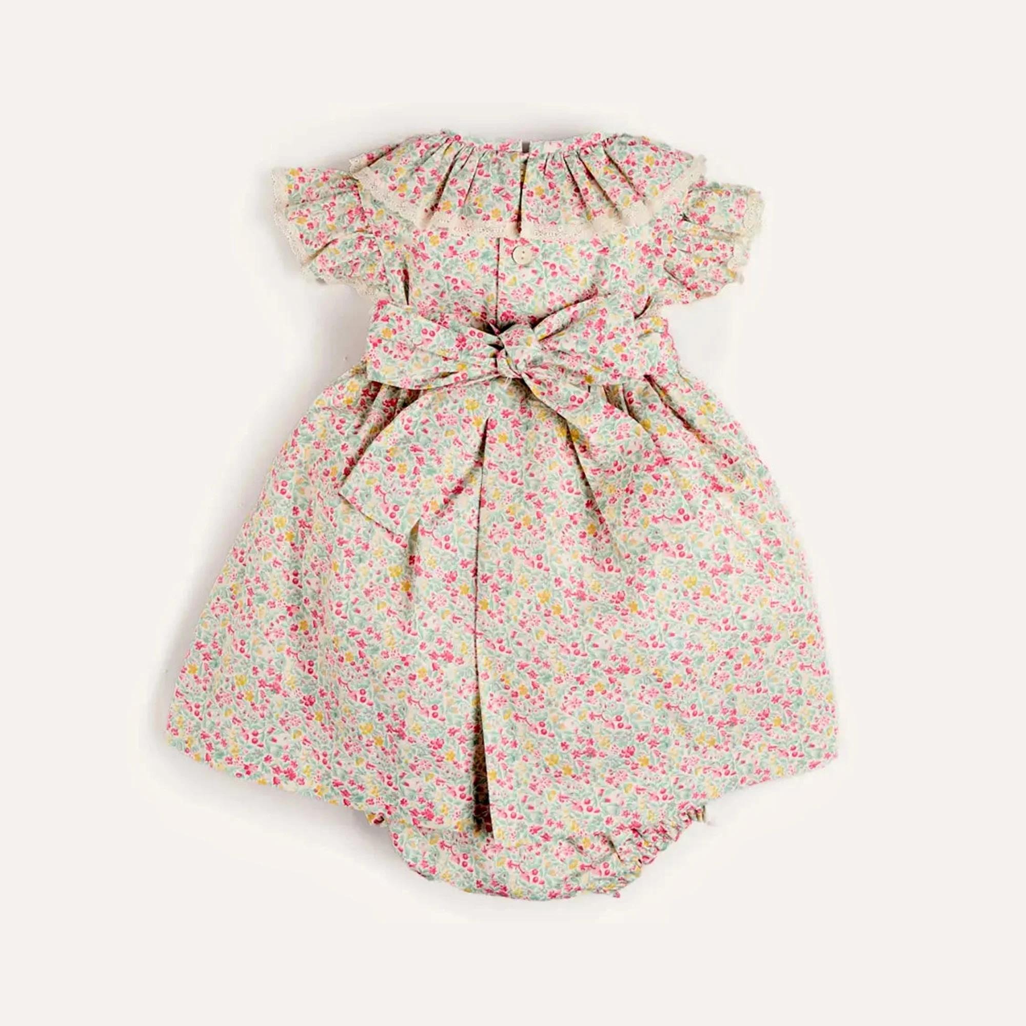 Ensemble 2 pièces pour bébé fille, col à volants smockés à la main, motif floral estival, style vint