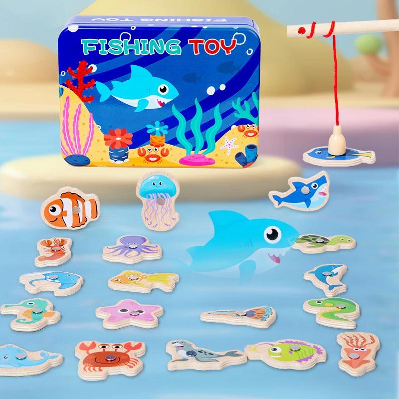 Jouets de pêche magnétiques en bois pour enfants, jeux de poissons cognitifs de la vie Marine, jouet