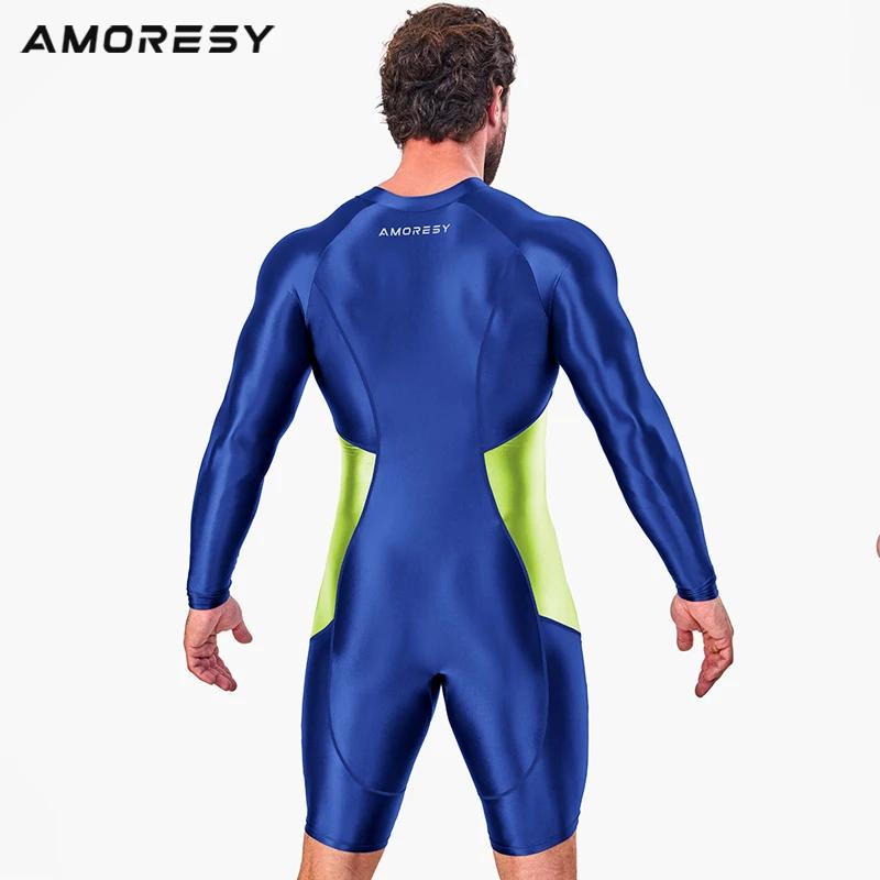 AMORESY hommes brillant avant fermeture éclair une pièce à manches longues collants Spandex maillot 