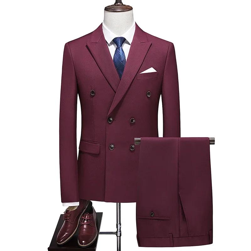 Costume (Blazer + pantalon) pour hommes, mode Business Elegante, couleur unie, décontracté, Double b