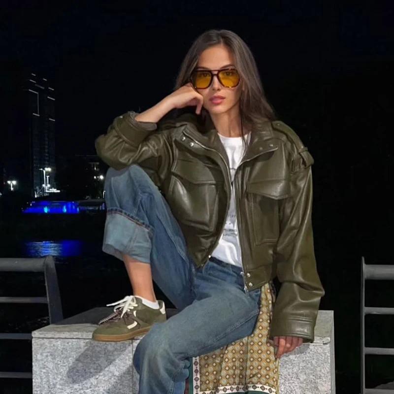 Veste femme veste simili cuir vert femme Demi-saison veste d'extérieur femme automne nouveau dans ma