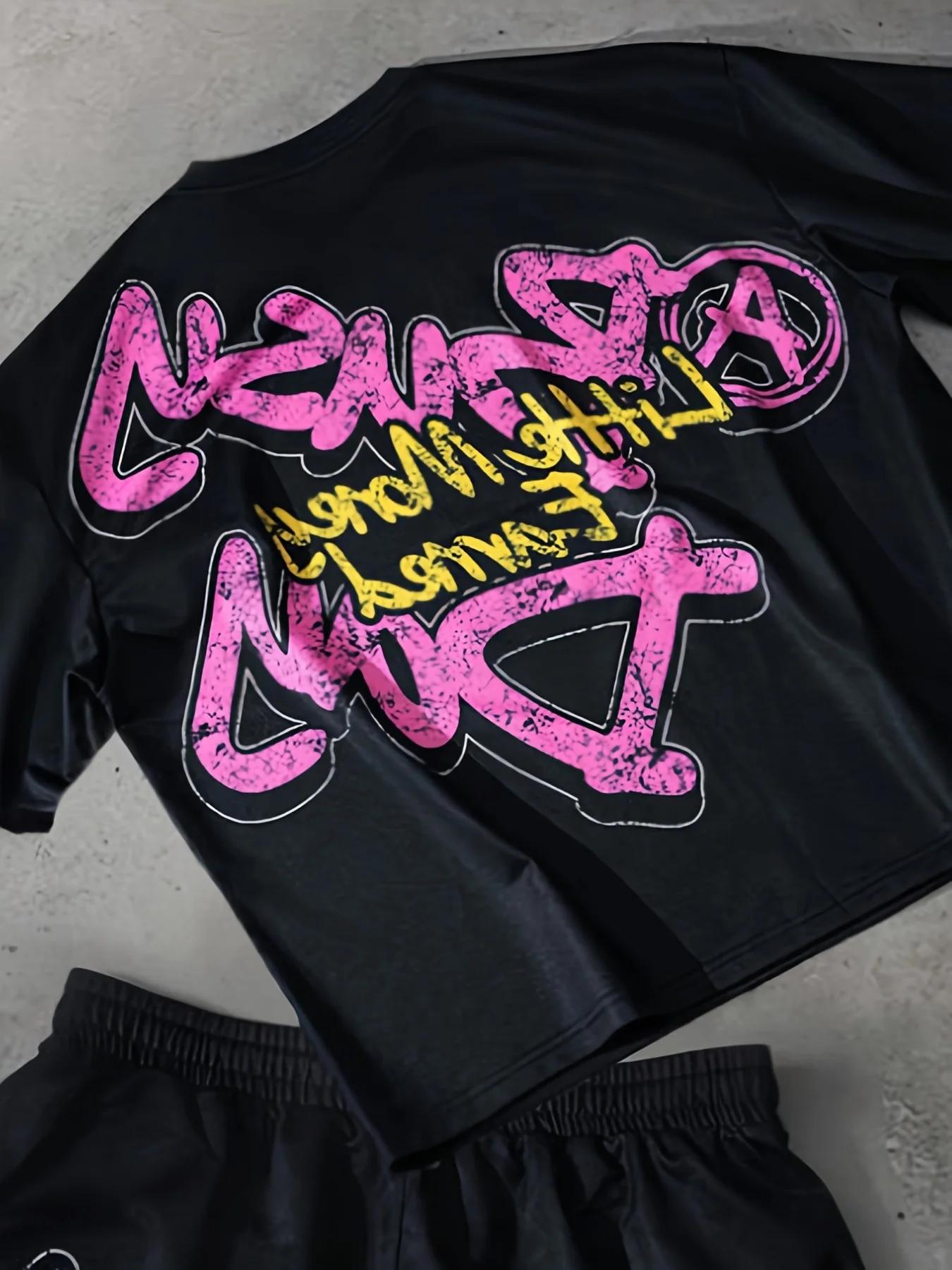 Ensemble T-shirt et short à col rond pour hommes, imprimé Graffiti personnalisé, confortable et resp