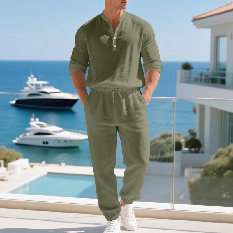 Ensemble américain en lin ample pour hommes, chemise hawaïenne fine Henry, pantalon à manches longue