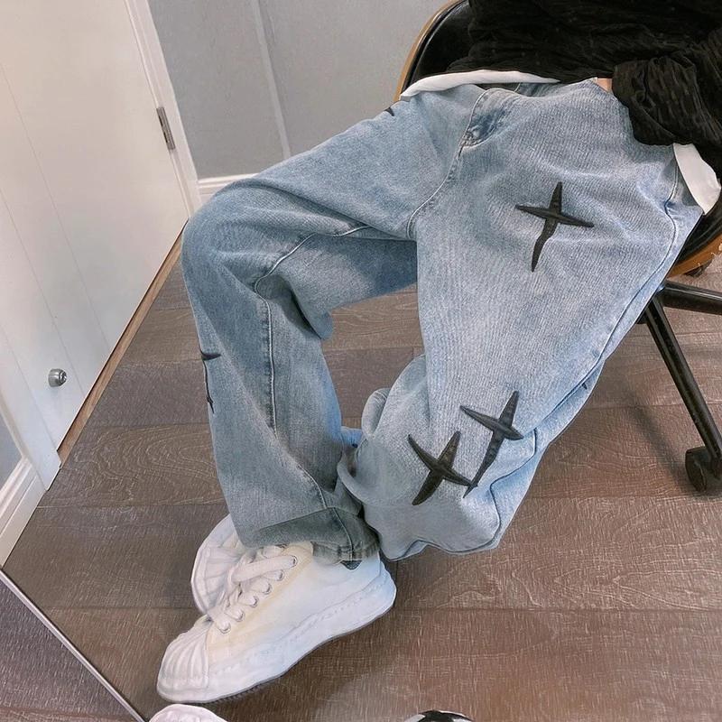 Jean imprimé pour hommes, Streetwear, Baggy, jambes larges, mode coréenne, drapé, droit, décontracté