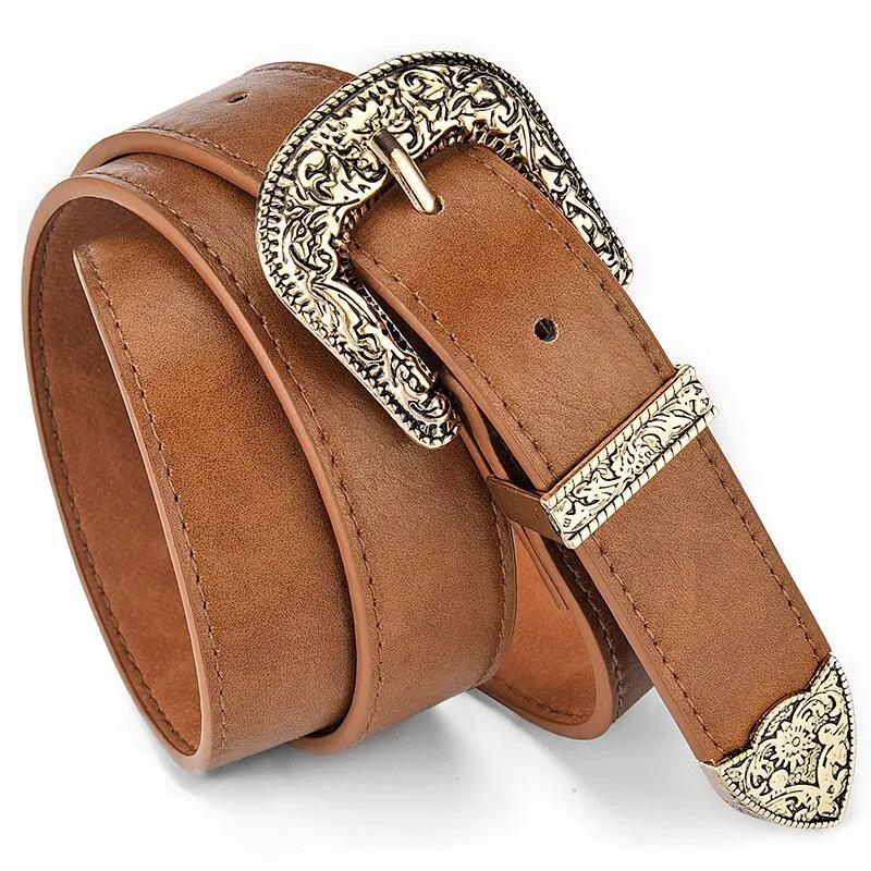 Ceinture en cuir PU vintage pour femmes, ceinture sculptée pour hommes, ceinture de jeans bon marché