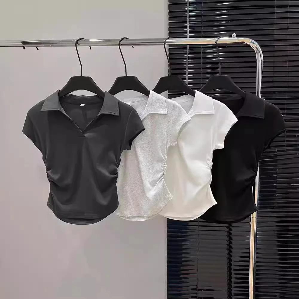 Coton été Sexy femmes t-shirt maigre mince basique solide haut court à manches courtes Polo t-shirt 