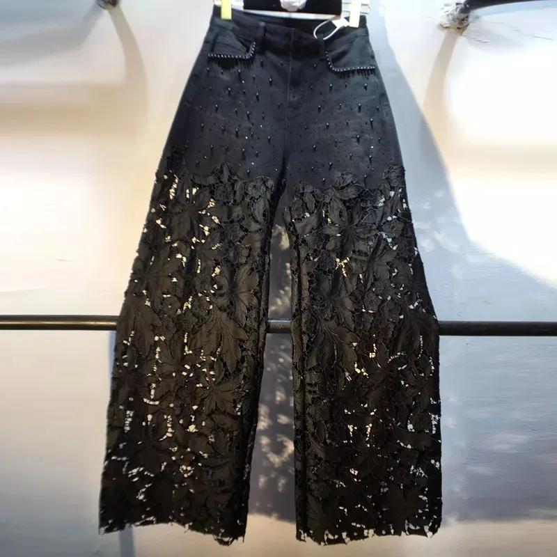 Nouveau été Denim Patchwork crochet fleur dentelle creuse jambe droite jambe large pantalon décontra