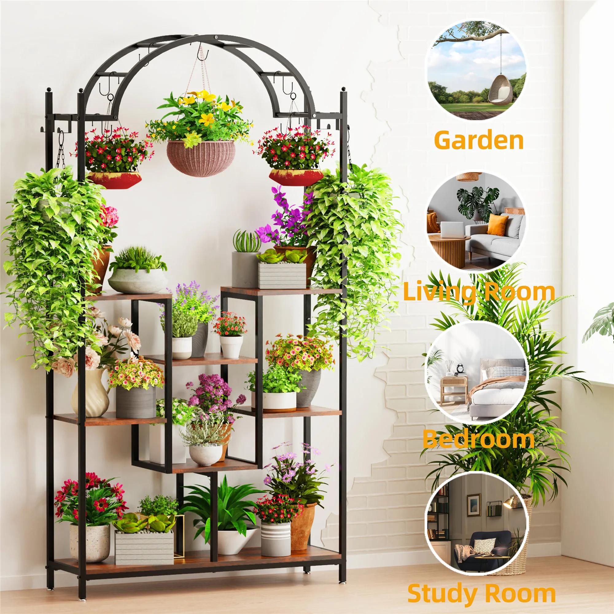 Grand support pour plantes d'intérieur à 5 niveaux, étagère à fleurs en métal arqué avec crochets de