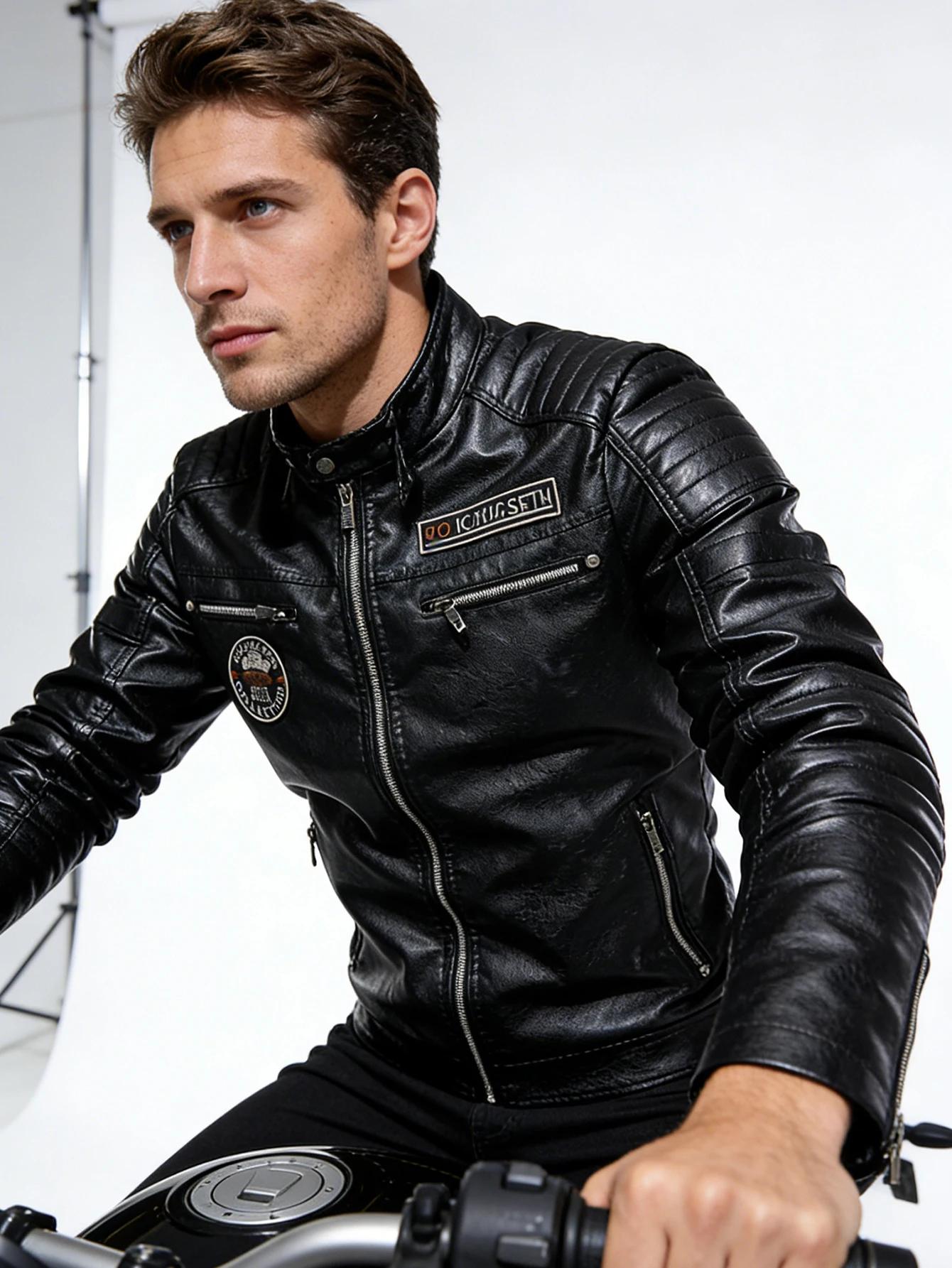 Veste en cuir à col montant pour hommes, vêtements d'extérieur légers en simili cuir pour moto
