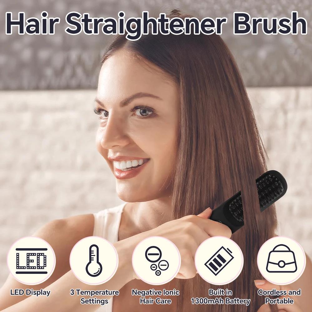 Brosse lissante sans fil rechargeable, peigne lissant à ions négatifs avec 3 réglages de température