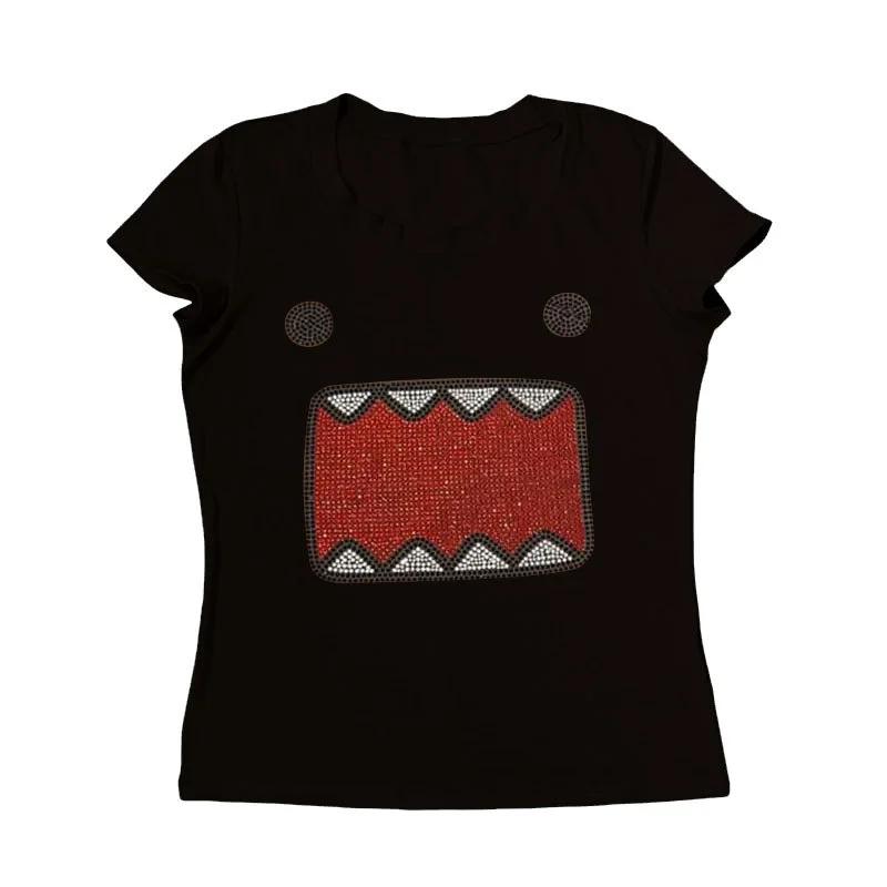 2025 été nouvelles femmes Y2K fille rétro chaud Fix strass Application col rond haut T-shirt drôle V