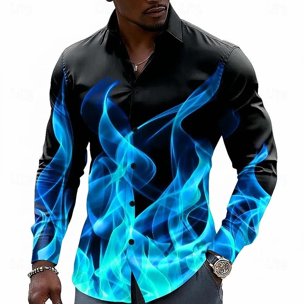 Chemise à boutons pour homme à effet d'illusion optique flamme néon, décontractée, à manches longues