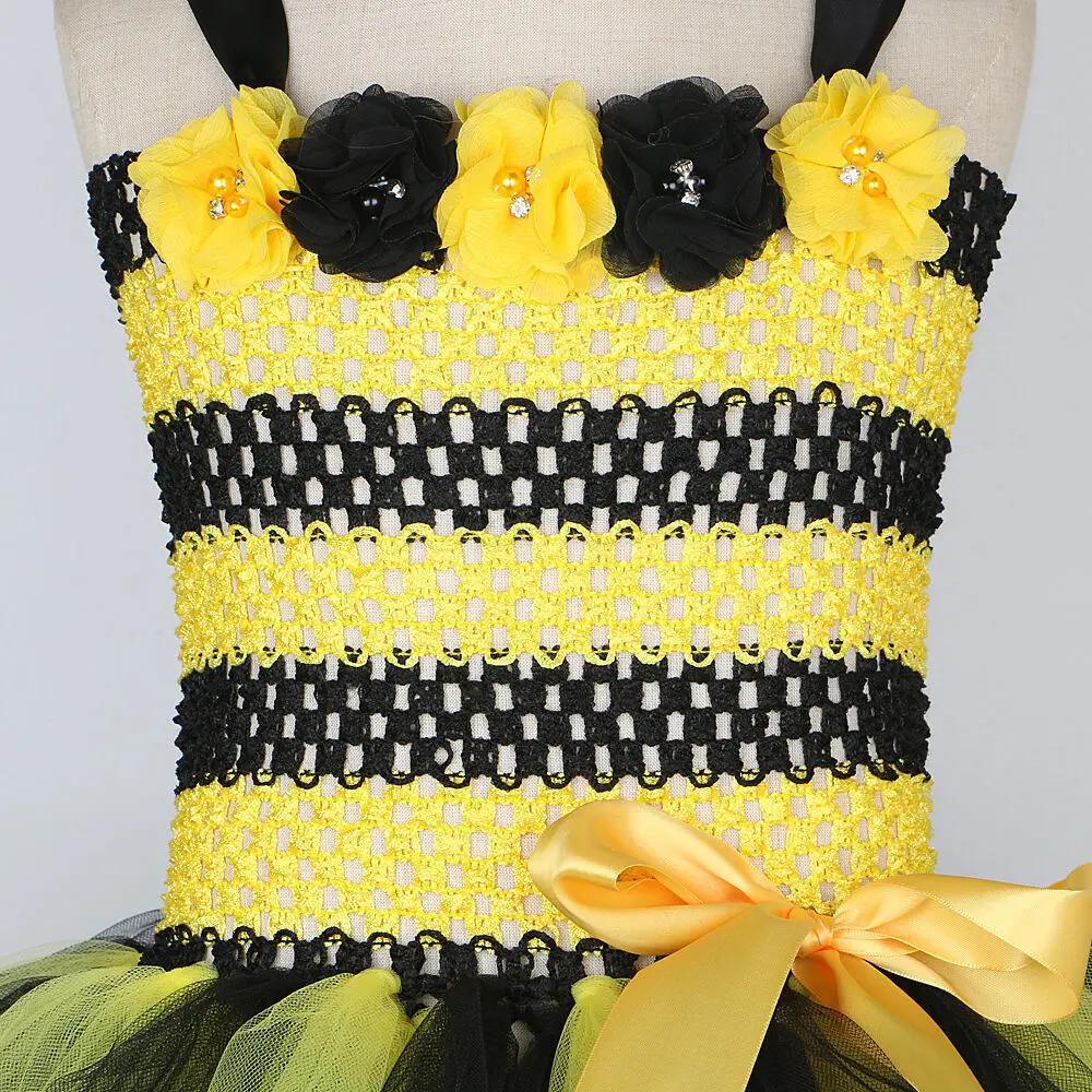 Costumes d'abeilles à fleurs pour bébés filles, robe Tutu jaune et noire avec ailes, tenues d'annive