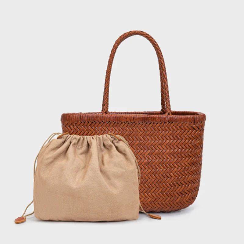 Sac à poignée supérieure tissé en cuir de vache pour femme, sacoche décontractée en tricot tressé, V