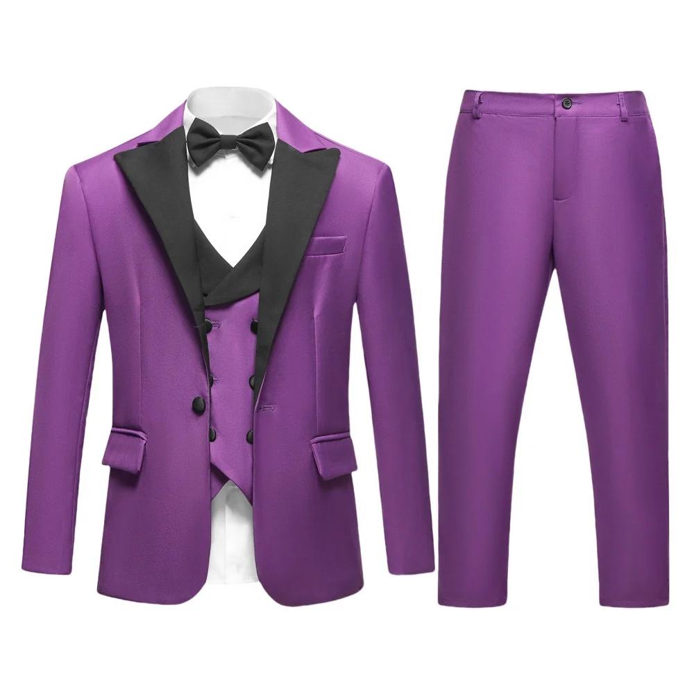 Ensemble de smoking formel noir pour garçons, veste, gilet, pantalon, nœud papillon, vêtements de sp