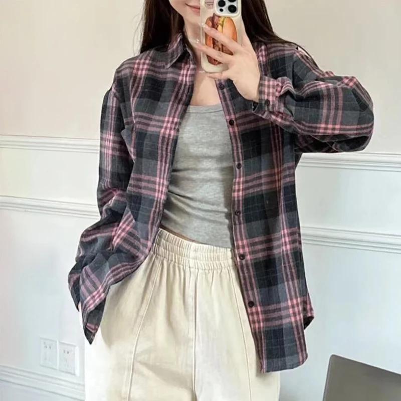 Chemise à carreaux femmes automne à manches longues haut femme simple boutonnage Blouse dames Style 