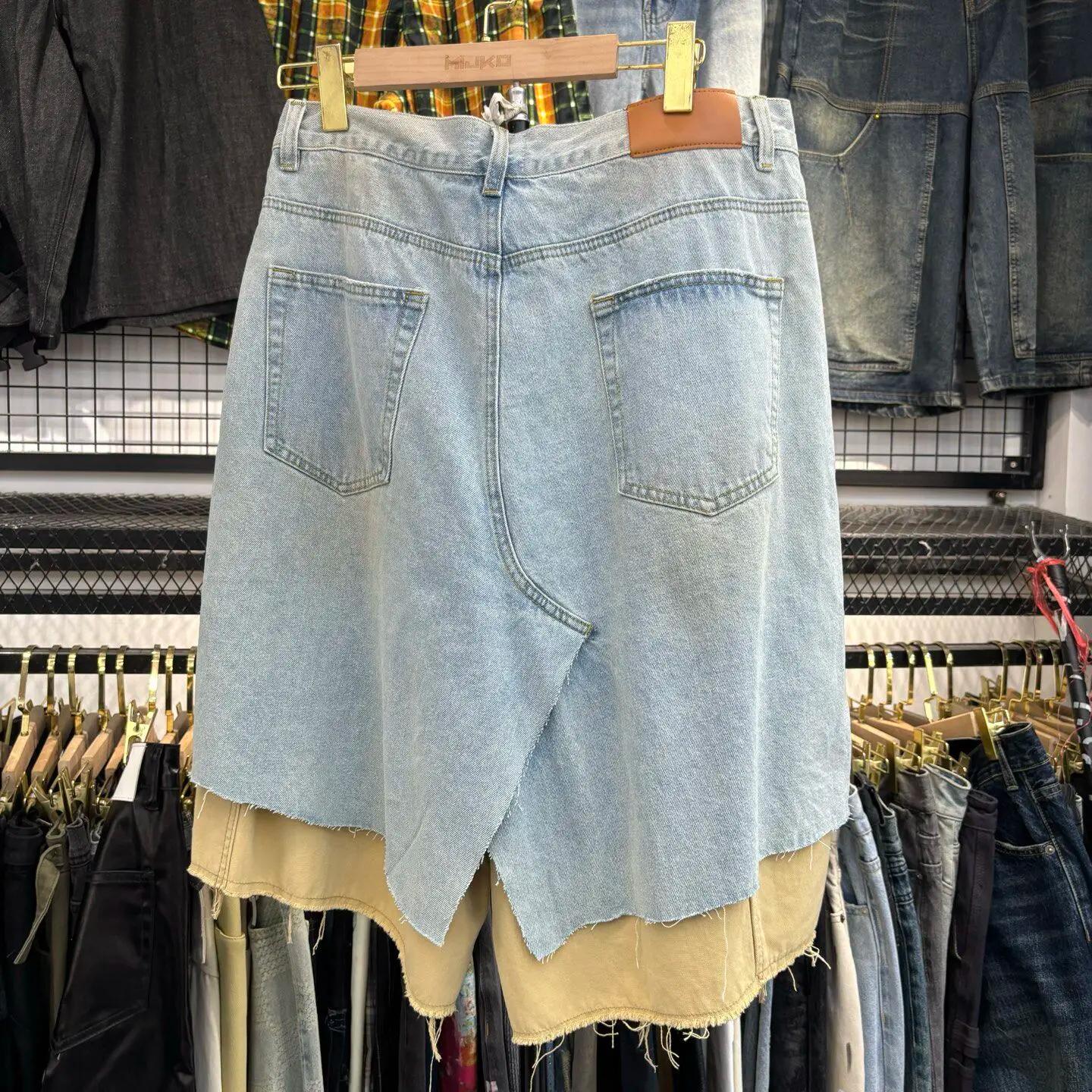 MIJKO – faux short surdimensionné en Denim deux pièces pour hommes et femmes, sept pouces, avec trou