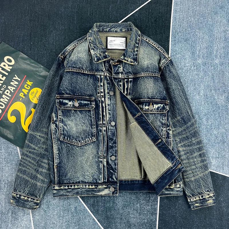 Veste Cargo en Denim lourd pour hommes, rétro américain, mode 100% coton lavé, vieux multi-poches, v