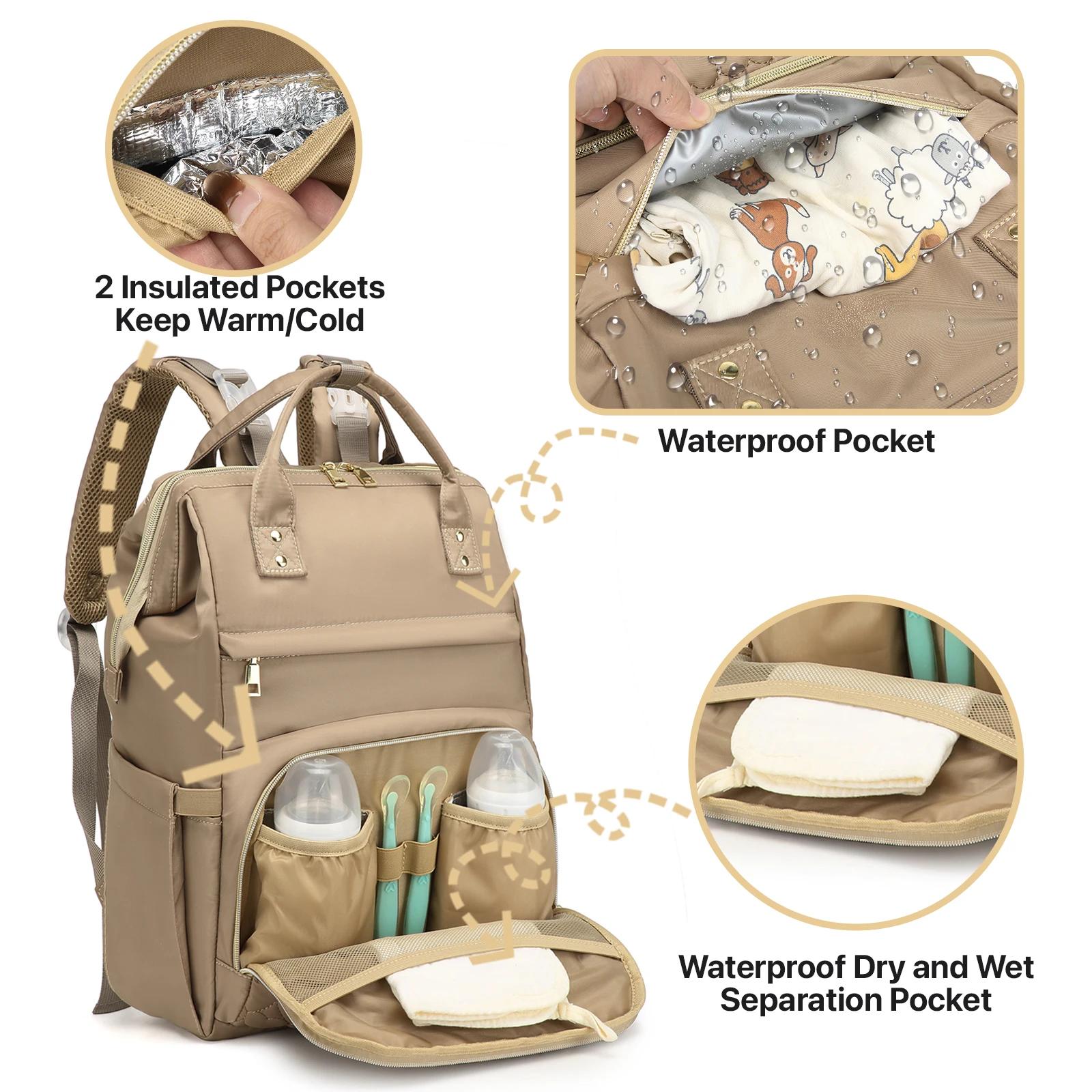 Sac à dos pour couches, sac de voyage imperméable avec poche isotherme, matelas à langer et sangles 