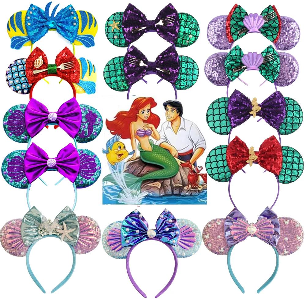 Bandeaux oreilles de Mickey Mouse série sirène pour femmes, accessoires de cheveux de fête, nœuds à 