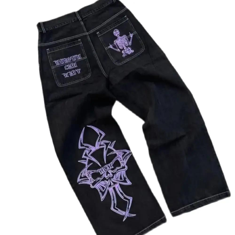 Nouveau Jean Y2K pour Homme, style Hip Hop, avec broderie crâne rétro, en denim délavé, coupe droite