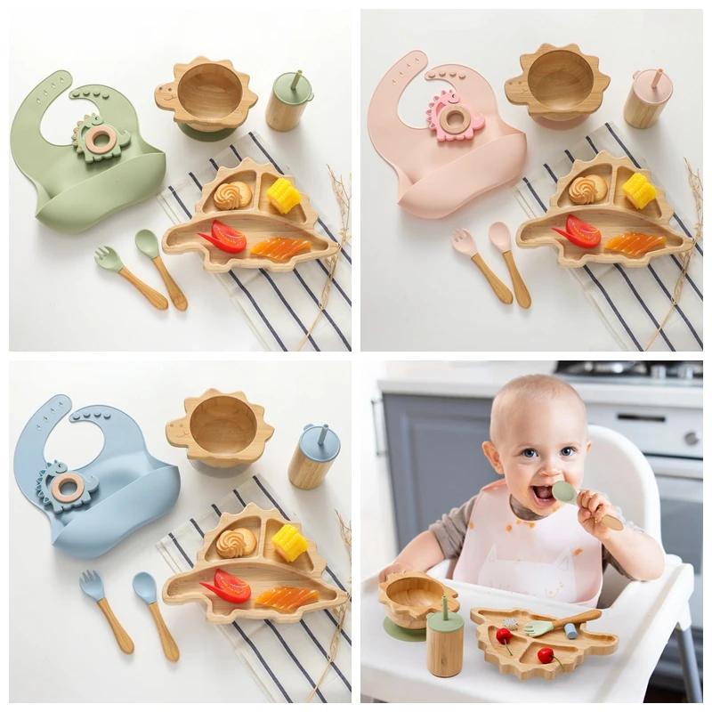 Filles d'Alimentation en Bois de Bambou avec Ventouse en Silicone pour Bébé, Dinosaure de Dessin Ani