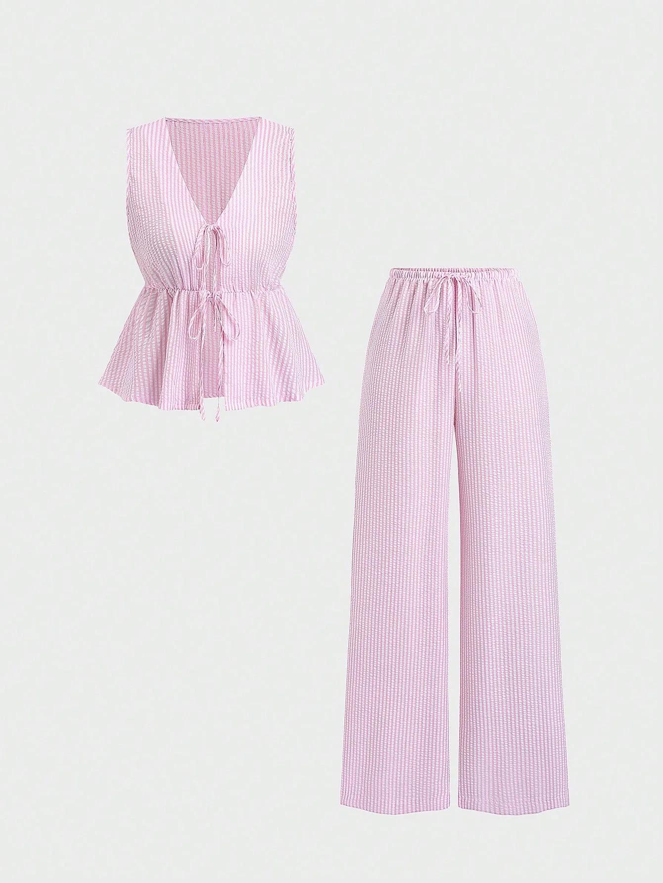 Ensemble deux pièces été 2026 pour femme : Blouse rayée sans manches à col en V et lacets, pantalon 