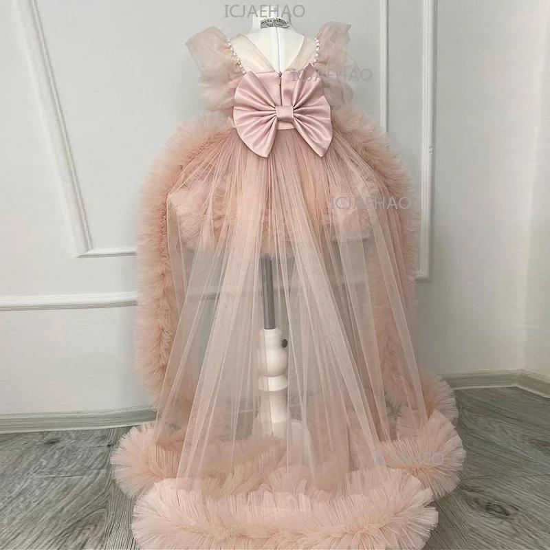 Robe Tutu Perlée pour Enfants avec Nœud et Longue Traîne, Robe de Cérémonie pour Filles, Tenue de Pr