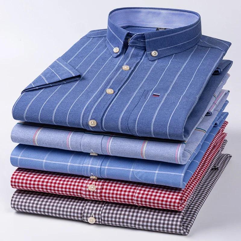 Nouvelle chemise sociale pour hommes à manches courtes 100% pur coton Oxford doux boutonné Plaid for