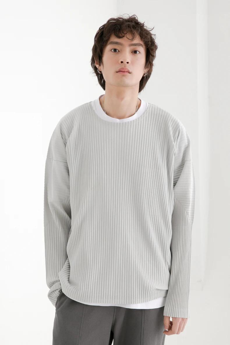 T-shirt plissé à manches longues pour hommes, haut décontracté, col rond, ata yake, adt
