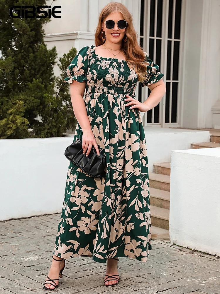 GIBSIE-Robe longue à manches bouffantes et col carré pour femme, maxi, imprimé floral, style bohème,