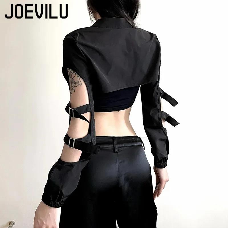 JOEVILU Femmes Cyberpunk Goth Harajuku Récolte Hauts Manches Longues Évider Fermeture Éclair T-shirt